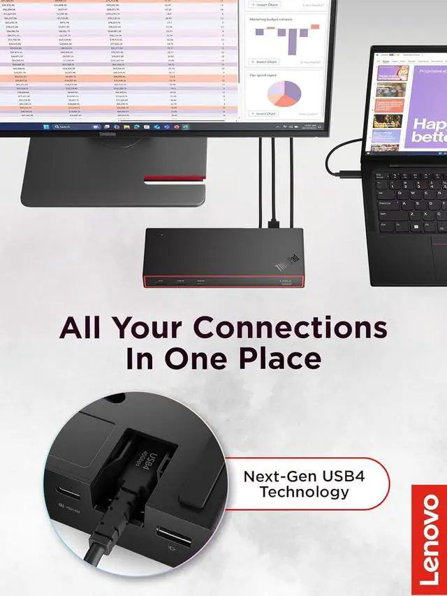Alt view image 2 of 7 - Lenovo ThinkPad USB 4 Smart Dock 5500 w/ 135W Adapter, Supports up to 4 Displays, 100W Power to Laptop, Integrated USB4 Cable, Eclipse Black