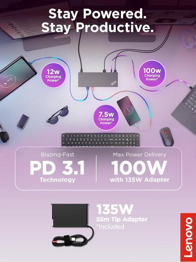 Alt view image 3 of 7 - Lenovo ThinkPad USB 4 Smart Dock 5500 w/ 135W Adapter, Supports up to 4 Displays, 100W Power to Laptop, Integrated USB4 Cable, Eclipse Black