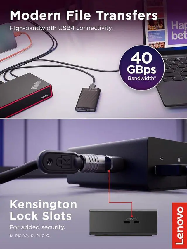 Alt view image 5 of 7 - Lenovo ThinkPad USB 4 Smart Dock 5500 w/ 135W Adapter, Supports up to 4 Displays, 100W Power to Laptop, Integrated USB4 Cable, Eclipse Black