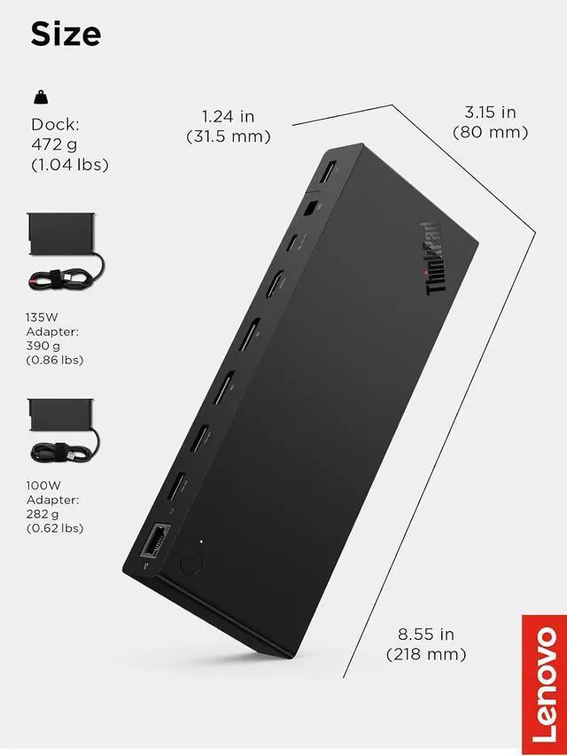Alt view image 7 of 7 - Lenovo ThinkPad USB 4 Smart Dock 5500 w/ 135W Adapter, Supports up to 4 Displays, 100W Power to Laptop, Integrated USB4 Cable, Eclipse Black