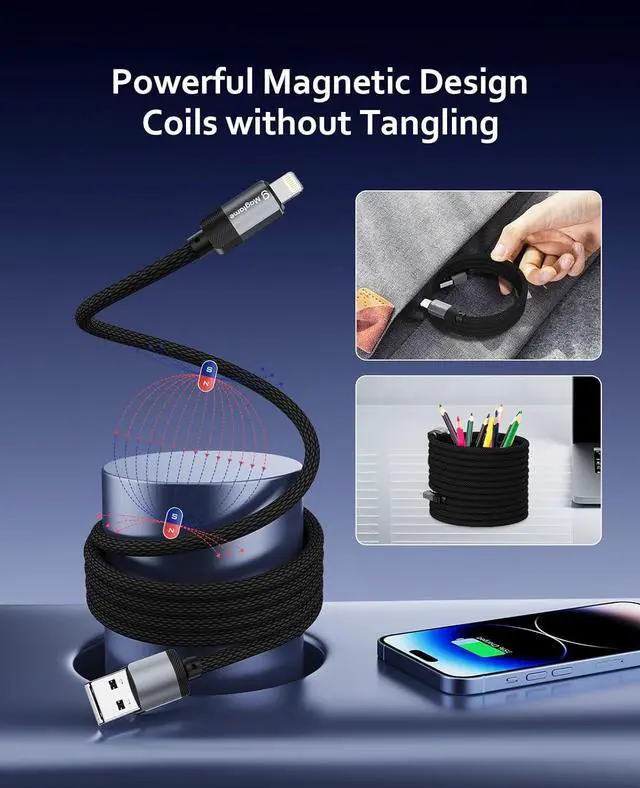 Alt view image 2 of 4 - Magnetic USB C to USB C Cable with USB A to Lightning Cable Fast Charging and Coiled for Car Home School