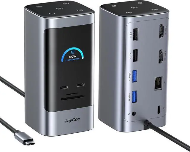 Main image of RayCue 14 in 1 Docking Station Dual Monitor, 2 * 4K HDMI, 6 USB Ports, 5 Shortcut Button, 1Gbps Ethernet, PD3.0(No Power Adapter), Laptop Docking Station for Dell/HP/Lenovo/Asus/Acer/Mac