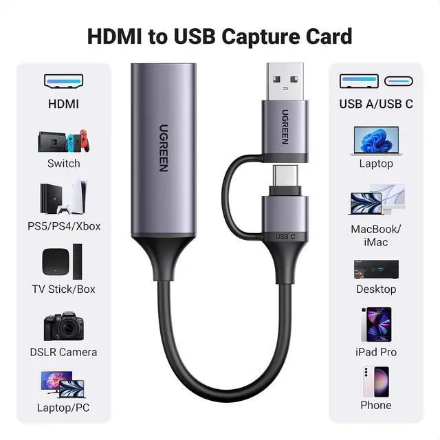 Alt view image 6 of 7 - UGREEN USB C to HDMI Cable (4K@60Hz) 6.6FT, Type C to HDMI Adapter Thunderbolt 4/3 to HDMI Bundle with Capture Card Full HD 1080P 60FPS HDMI to USB A/Type C 4K Video Capture Card