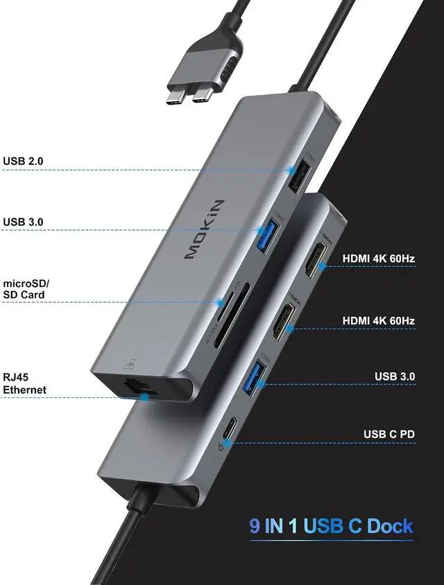 Alt view image 2 of 7 - MacBook Pro Docking Station Dual Monitor MacBook Pro HDMI Adapter,9 in 1 USB C Adapters for MacBook Pro Air Mac HDMI Dock Dongle Dual USB C to Dual HDMI Ethernet 3USB SD/TF100W PD