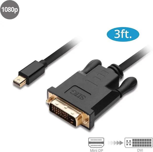 Alt view image 2 of 6 - SIIG Mini DisplayPort to DVI 3 Feet Adapter Cable 1080p @60Hz - Gold Pleated Thunderbolt Male to Male DP to DVI Cable