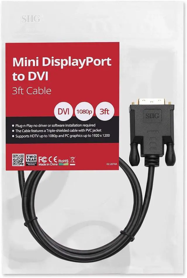 Alt view image 6 of 6 - SIIG Mini DisplayPort to DVI 3 Feet Adapter Cable 1080p @60Hz - Gold Pleated Thunderbolt Male to Male DP to DVI Cable
