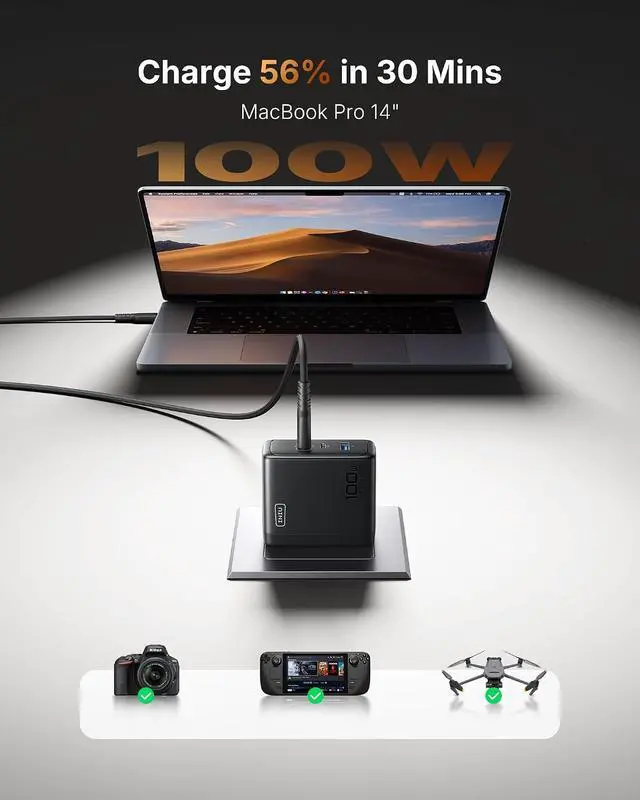 Alt view image 3 of 7 - INIU 100W GaN USB C Charger, 3-Port Compact Fast Charging Block with 5ft 100W USB C Cable, Foldable Travel Laptop Charger for MacBook Pro Air 15 14, iPhone 17 16 Pro Max Samsung S26 S25 Dell etc Black