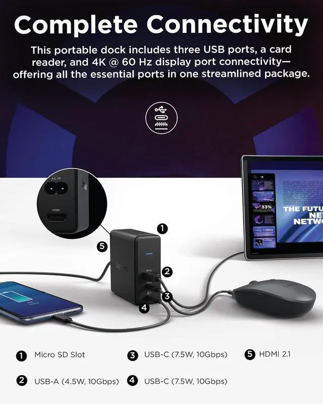 Alt view image 4 of 7 - Lenovo GaN Charging Dock, Multiport Docking Station w/ 60W PD, HDMI, USB-C, USB-A, Micro SD, Power Adapter & Dock in One, Compact Design, Sustainable Materials, Home Office Gaming Dock Stand Console