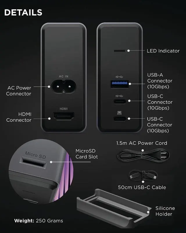 Alt view image 7 of 7 - Lenovo GaN Charging Dock, Multiport Docking Station w/ 60W PD, HDMI, USB-C, USB-A, Micro SD, Power Adapter & Dock in One, Compact Design, Sustainable Materials, Home Office Gaming Dock Stand Console