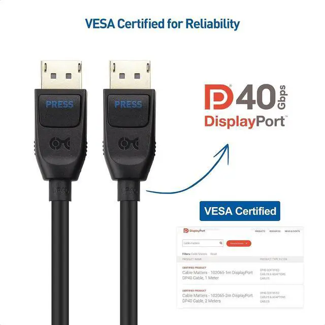 Alt view image 2 of 7 - Cable Matters VESA Certified DisplayPort 2.1 Cable 2m/6.6ft, Support 40Gbps DP40 8K 60Hz, 4K 144Hz in Black & Active 8K DisplayPort Repeater, DisplayPort 1.4 Repeater