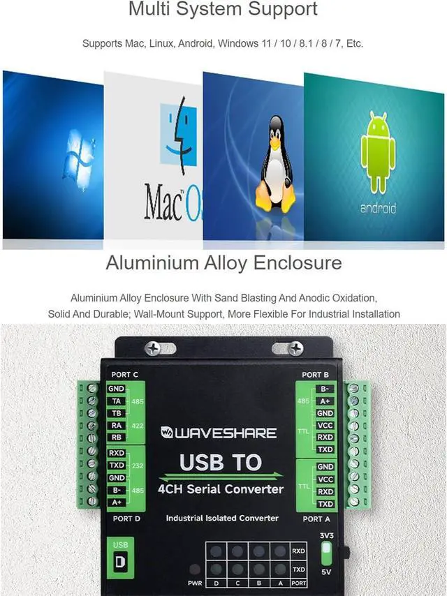 Alt view image 6 of 7 - waveshare USB to 4-Ch Serial Converter USB to RS232/RS485/RS422/TTL Adapter with Industrial Grade FT4232HL Chip, Supports Linux, Android, Windows 11/10 / 8.1/8 / 7, Onboard Multiple Protection