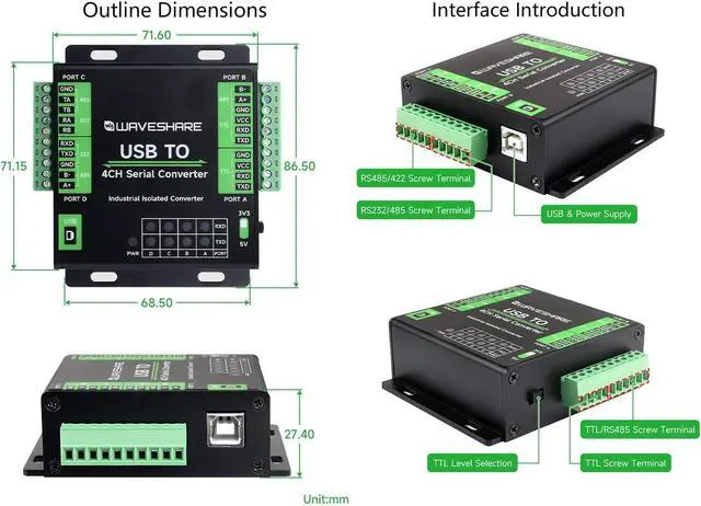 Alt view image 7 of 7 - waveshare USB to 4-Ch Serial Converter USB to RS232/RS485/RS422/TTL Adapter with Industrial Grade FT4232HL Chip, Supports Linux, Android, Windows 11/10 / 8.1/8 / 7, Onboard Multiple Protection