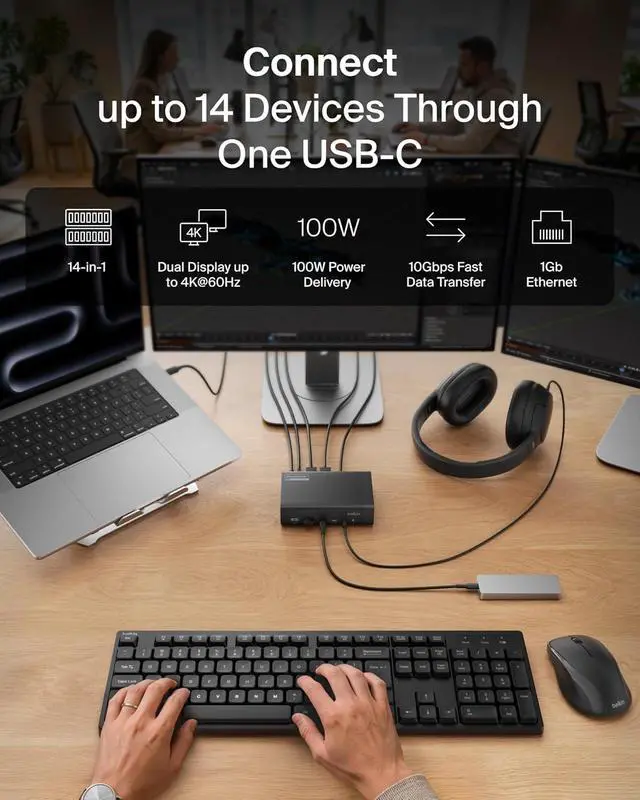 Alt view image 2 of 7 - Belkin Connect 14-in-1 Docking Station 100W, Dual Display USB C Dock w/ 4K@60Hz Support, DisplayLink Technology - USB C Dock w/ 10Gbps Data Transfer, 1Gb Ethernet Port - Laptop Expansion Hub