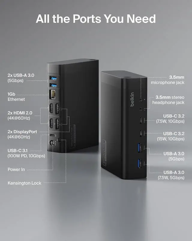 Alt view image 3 of 7 - Belkin Connect 14-in-1 Docking Station 100W, Dual Display USB C Dock w/ 4K@60Hz Support, DisplayLink Technology - USB C Dock w/ 10Gbps Data Transfer, 1Gb Ethernet Port - Laptop Expansion Hub