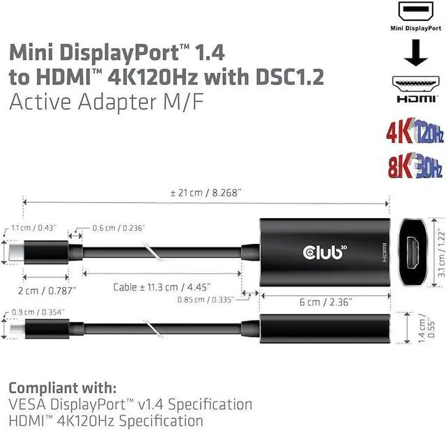 Alt view image 6 of 7 - Club 3D Mini-DisplayPort1.4 to HDMI 4K120Hz with DSC1.2 Active Adapter M/B