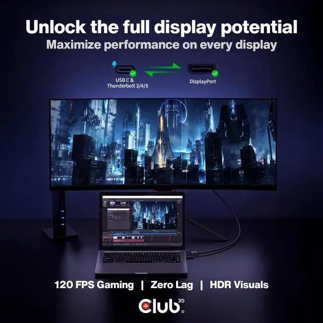 Alt view image 3 of 7 - Club3D CAC-1557 USB Type C to Displayport 1.4 Bi-Directional Cable with 8K 60Hz, 4K 120Hz HDR Video Support 1.8m-6ft M/M