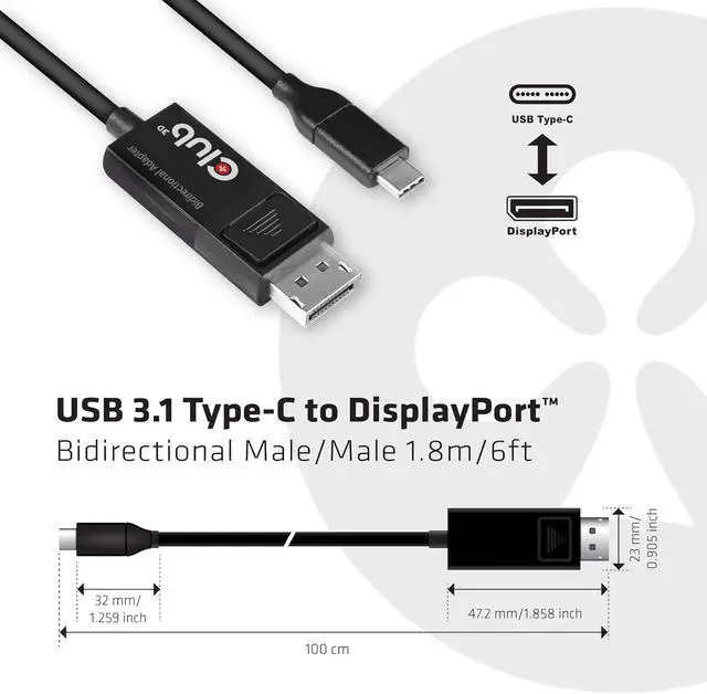 Alt view image 5 of 7 - Club3D CAC-1557 USB Type C to Displayport 1.4 Bi-Directional Cable with 8K 60Hz, 4K 120Hz HDR Video Support 1.8m-6ft M/M