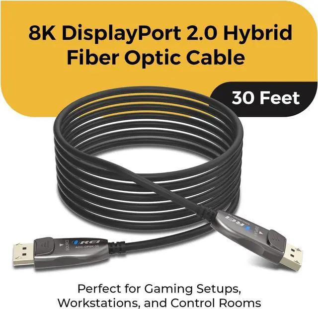 Alt view image 2 of 7 - OREI 8K DisplayPort 2.0 Active Optical Cable 30ft, 54Gbps UHBR13.5, 8K@60/30Hz, 4K@144Hz, HDR10+, Dolby Vision, VRR, EMI-Free, Gold-Plated, PVC Cable (AOC-DP8K-30)