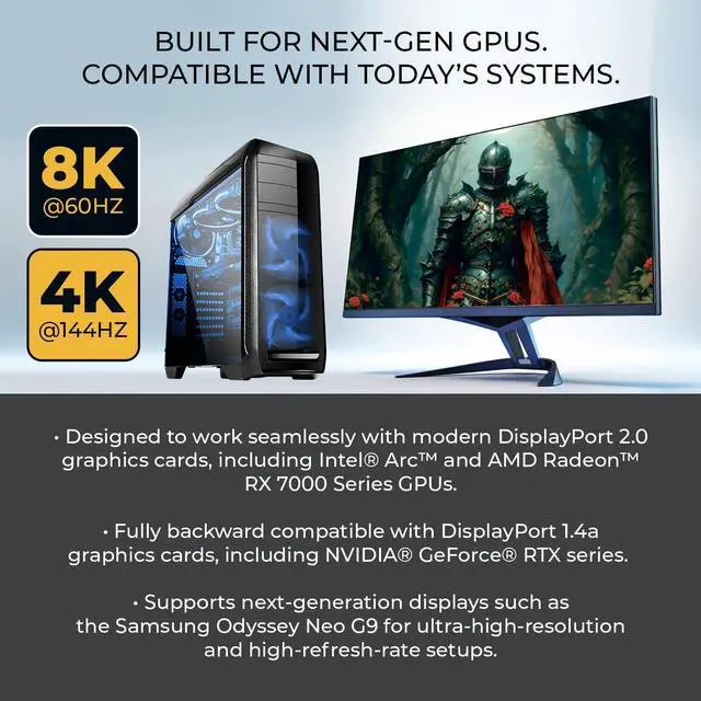 Alt view image 6 of 7 - OREI 8K DisplayPort 2.0 Active Optical Cable 30ft, 54Gbps UHBR13.5, 8K@60/30Hz, 4K@144Hz, HDR10+, Dolby Vision, VRR, EMI-Free, Gold-Plated, PVC Cable (AOC-DP8K-30)