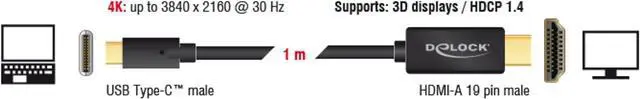 Alt view image 2 of 3 - Delock Cable DP Old Fashion 4 K 30Hz USB Type C Male > HDMI Male 1 m Black