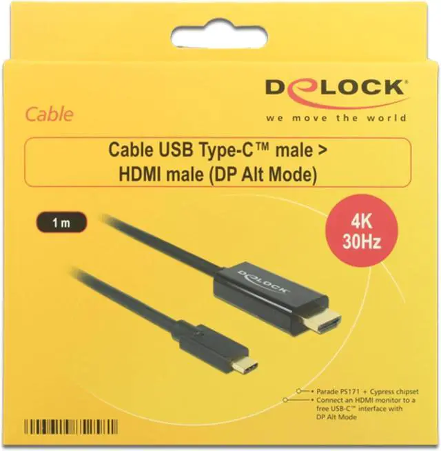 Alt view image 3 of 3 - Delock Cable DP Old Fashion 4 K 30Hz USB Type C Male > HDMI Male 1 m Black