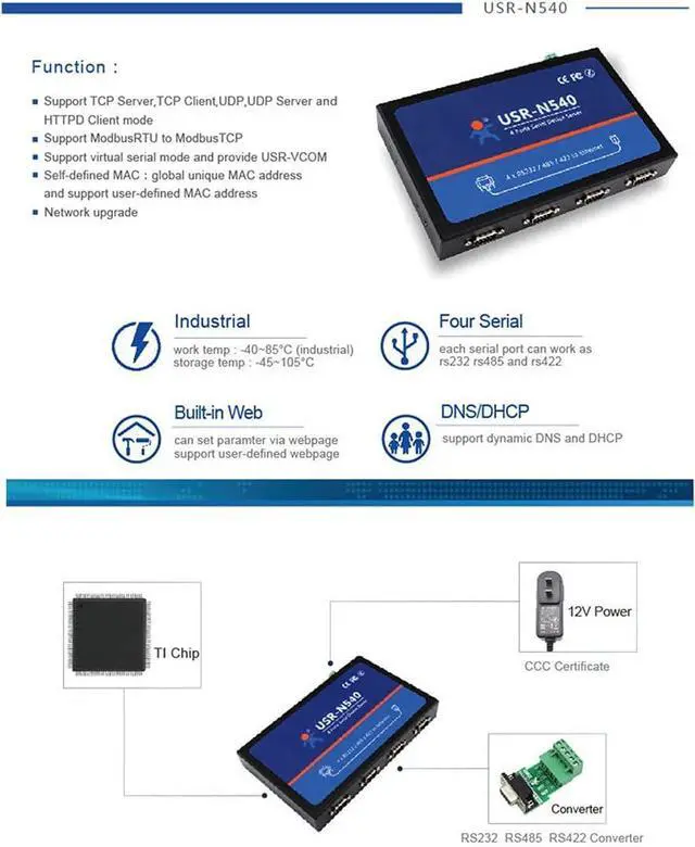 Alt view image 3 of 7 - USR-N540 4 Ports Serial RS232 to Ethernet RS485 to RJ45 RS422 to TCP IP Converter
