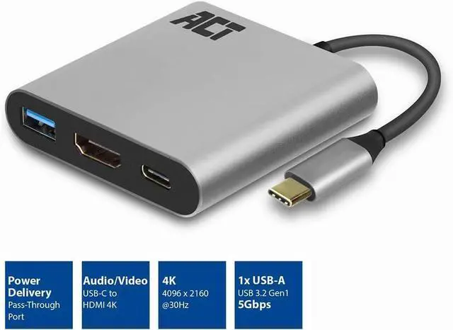 Alt view image 2 of 4 - ACT AC7022 USB C to HDMI Adapter with Aluminium Housing, 4k @ 30Hz HDMI, USB Type C 60W PD, USB 3.0 Port, for Connecting an Additional Monitor