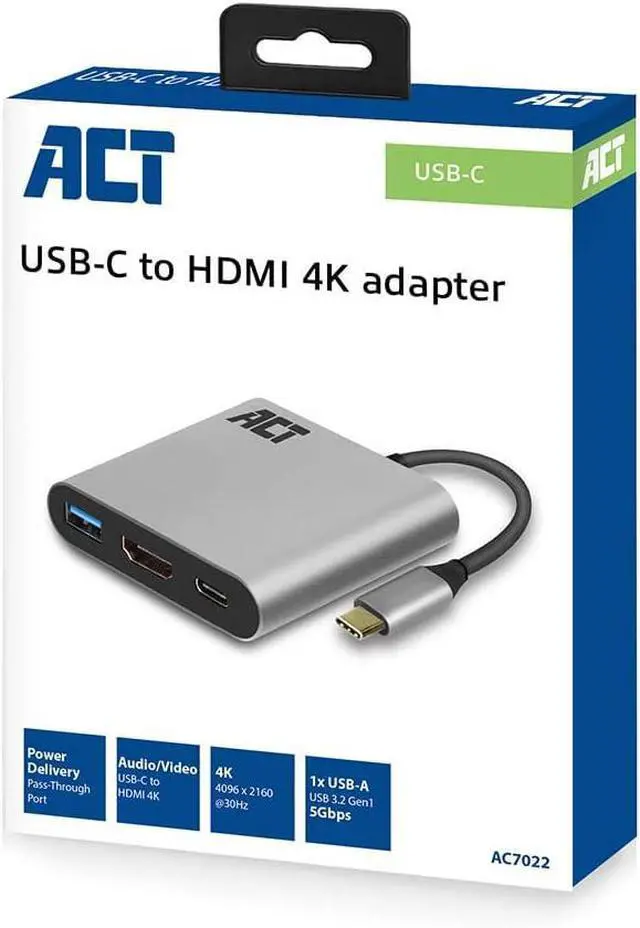 Alt view image 3 of 4 - ACT AC7022 USB C to HDMI Adapter with Aluminium Housing, 4k @ 30Hz HDMI, USB Type C 60W PD, USB 3.0 Port, for Connecting an Additional Monitor