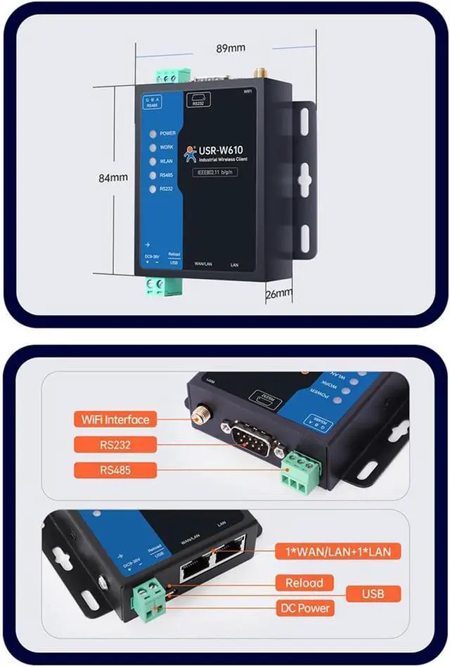 Alt view image 2 of 6 - (Qualcomm Version USR-W610Serial RS485 RS232 to Wi·Fi Modbus Gateway Dual-Port Ethernet Converter