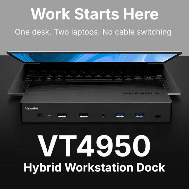 Alt view image 2 of 7 - VisionTek VT4950 USB-C DisplayLink Docking Station with KVM Switch for Dual Laptops - Hybrid Workstation Triple Monitor Dock with HDMI & DisplayPort, 100W Laptop Charging for Windows and macOS