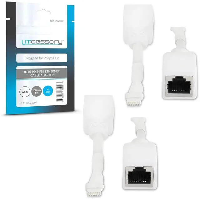 Main image of Litcessory RJ45 to 6-Pin Ethernet Cable Adapter for Philips Hue Lightstrip | Micro 6-Pin for V4/Solo Lightstrip, 4 Pack, White
