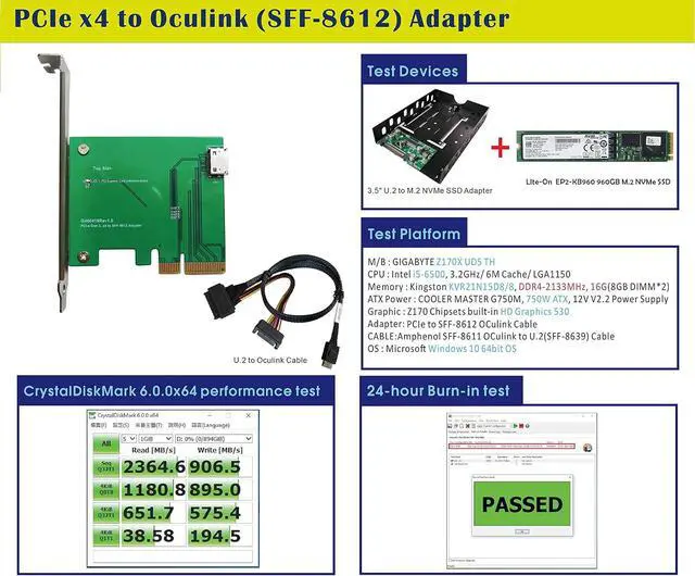 Alt view image 6 of 6 - Micro SATA Cables PCIe Gen 3/4 Lane to Oculink SFF-8612 Adapter