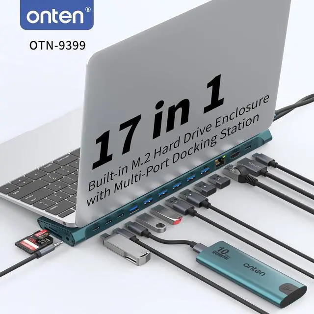 Alt view image 2 of 7 - Onten USB C Docking Station with M.2 NVMe SSD Enclosure, 16-in-1 USB-C Hub with 4K HDMI, Ethernet, 5 USB 3.0, 3 USB-C, 100W PD, SD/TF Card Reader, Support 8TB M.2 NVMe SSD for MacBook, Windows Laptop