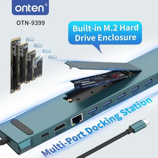Alt view image 3 of 7 - Onten USB C Docking Station with M.2 NVMe SSD Enclosure, 16-in-1 USB-C Hub with 4K HDMI, Ethernet, 5 USB 3.0, 3 USB-C, 100W PD, SD/TF Card Reader, Support 8TB M.2 NVMe SSD for MacBook, Windows Laptop