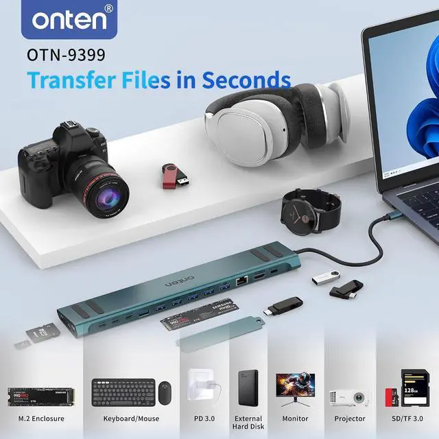Alt view image 5 of 7 - Onten USB C Docking Station with M.2 NVMe SSD Enclosure, 16-in-1 USB-C Hub with 4K HDMI, Ethernet, 5 USB 3.0, 3 USB-C, 100W PD, SD/TF Card Reader, Support 8TB M.2 NVMe SSD for MacBook, Windows Laptop