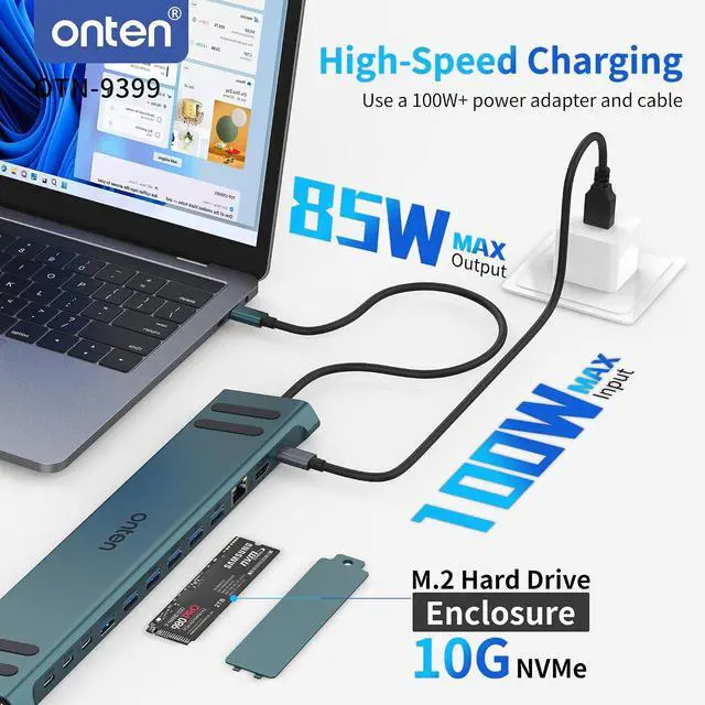 Alt view image 6 of 7 - Onten USB C Docking Station with M.2 NVMe SSD Enclosure, 16-in-1 USB-C Hub with 4K HDMI, Ethernet, 5 USB 3.0, 3 USB-C, 100W PD, SD/TF Card Reader, Support 8TB M.2 NVMe SSD for MacBook, Windows Laptop
