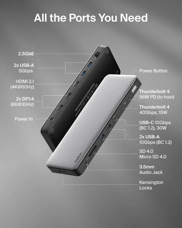 Alt view image 2 of 7 - Belkin Connect Thunderbolt 4 Dock, 14-in-1 Docking Station 96W w/Triple 4K 60Hz Display Support, 40Gbps Data Transfer, 2.5Gb Ethernet Port, Daisy Chain up to 6 Devices, USB-C Laptop Expansion Hub