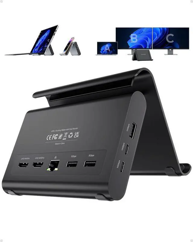 Main image of Laptop Docking Station Dual Monitor, 10-in-1 USB C Hub with 2X 4K@60Hz HDMI, 3X USB-C/A 10Gbps, 2X USB-A 5Gbps, Vertical Stand for Surface Pro 11/10/9/8 & Windows Laptops