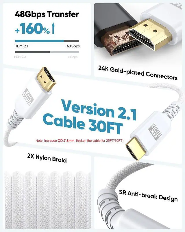 Alt view image 2 of 7 - 8K White HDMI Cable 30 FT, HDMI 2.1 Cable 30FT Ultra High Speed eARC Braided Long HDMI Cord with 8K@60Hz, 4K@120Hz, HDR10+, Dolby, 3D, HDCP2.3 for Laptop/Monitor/HDTV/Soundbar/Blu-ray/PS5/Xbox