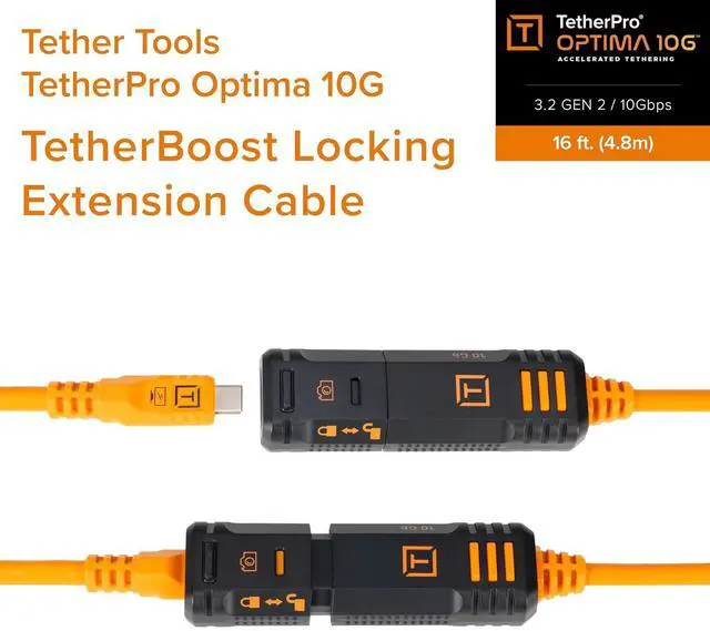 Alt view image 2 of 7 - Tether Tools TetherPro Optima 10G USB-C TetherBoost Locking Extension Cable, 16 (4.8m), High Visibility Orange
