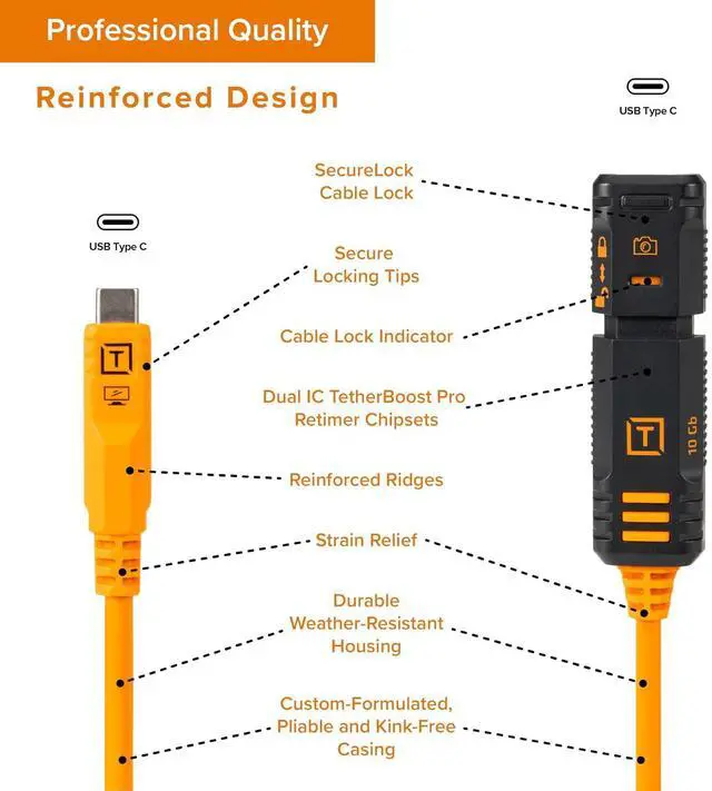 Alt view image 4 of 7 - Tether Tools TetherPro Optima 10G USB-C TetherBoost Locking Extension Cable, 16 (4.8m), High Visibility Orange