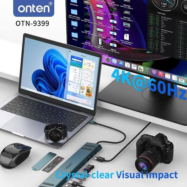 Alt view image 7 of 7 - Onten USB C Docking Station with M.2 NVMe SSD Enclosure, 16-in-1 USB-C Hub with 4K HDMI, Ethernet, 5 USB 3.0, 3 USB-C, 100W PD, SD/TF Card Reader, Support 8TB M.2 NVMe SSD for MacBook, Windows Laptop