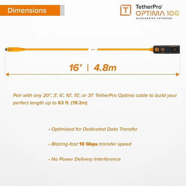 Alt view image 5 of 7 - Tether Tools TetherPro Optima 10G USB-C TetherBoost Locking Extension Cable, 16 (4.8m), High Visibility Orange
