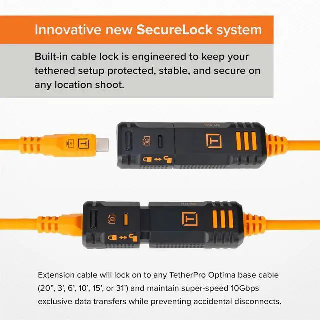 Alt view image 6 of 7 - Tether Tools TetherPro Optima 10G USB-C TetherBoost Locking Extension Cable, 16 (4.8m), High Visibility Orange