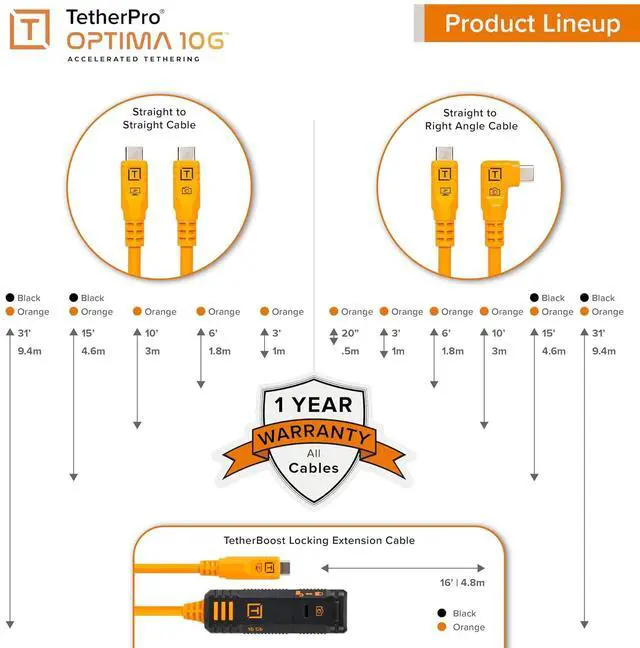 Alt view image 7 of 7 - Tether Tools TetherPro Optima 10G USB-C TetherBoost Locking Extension Cable, 16 (4.8m), High Visibility Orange