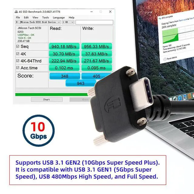 Alt view image 5 of 7 - Vision Cable USB3.1 Type-C USB-C Dual Screws 90 Degree Angled Type Locking to Type-A USB3.0 Data 10Gbps Compatible with VR Industrial Camera Phone FPV Computer (3.0m)