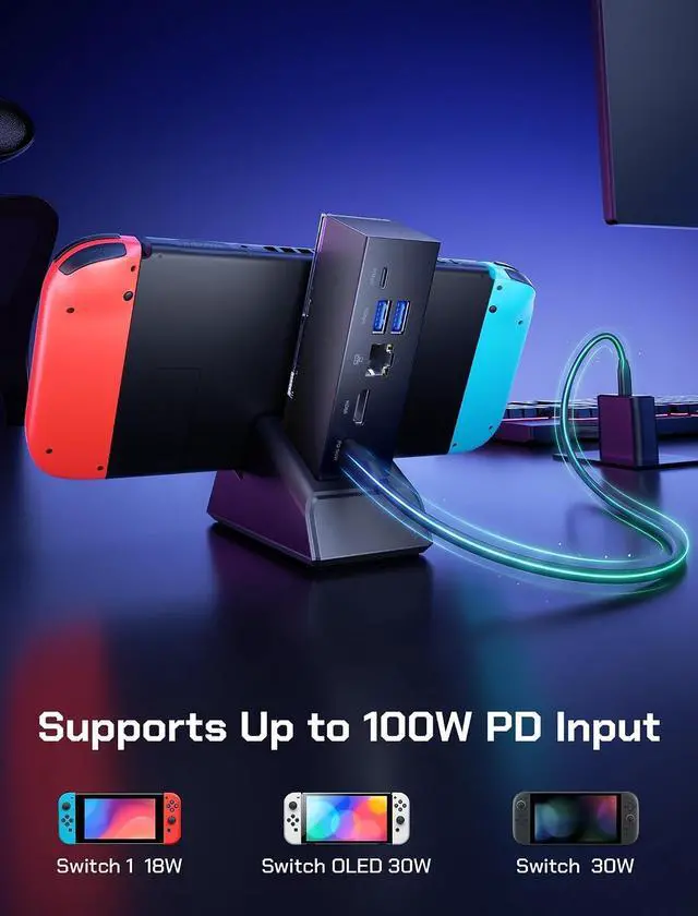 Alt view image 7 of 7 - JSAUX Switch Dock 7-in-1, Portable TV Dock with 4K@120Hz HDMI, Gigabit Ethernet, USB A and USB C 3.1, 100W PD Charging, Travel Docking Station Compatible with Switch - HB0704