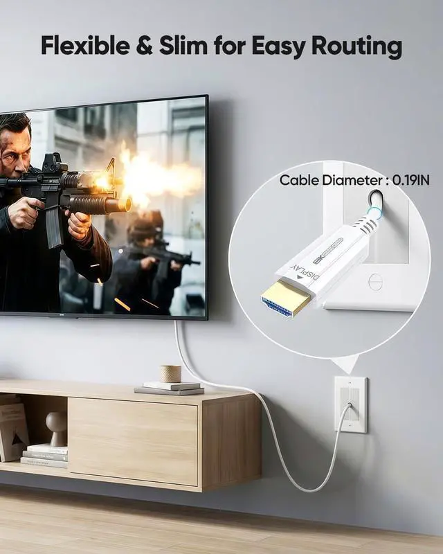Alt view image 4 of 7 - 8K White Fiber Optic HDMI Cable 50FT Slim, Optical HDMI 2.1 Cable Long 48Gbps Ultra High Speed Cord 8K@60Hz 4K@120Hz, HDR10+, eARC, HDCP 2.2&2.3, 3D for HDTV/PS5/Monitor/Projector/Streaming