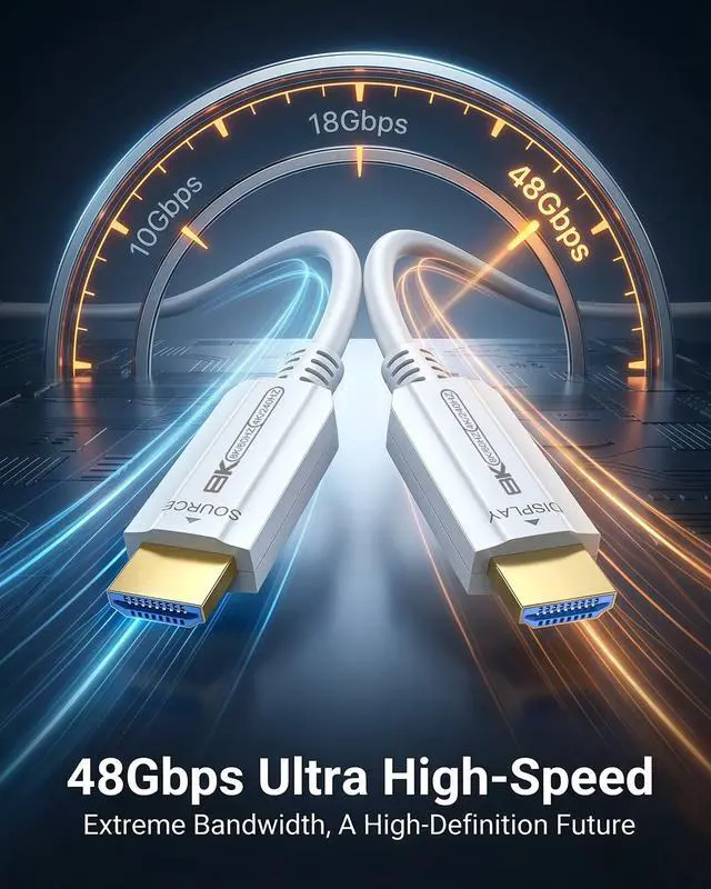 Alt view image 6 of 7 - 8K White Fiber Optic HDMI Cable 50FT Slim, Optical HDMI 2.1 Cable Long 48Gbps Ultra High Speed Cord 8K@60Hz 4K@120Hz, HDR10+, eARC, HDCP 2.2&2.3, 3D for HDTV/PS5/Monitor/Projector/Streaming