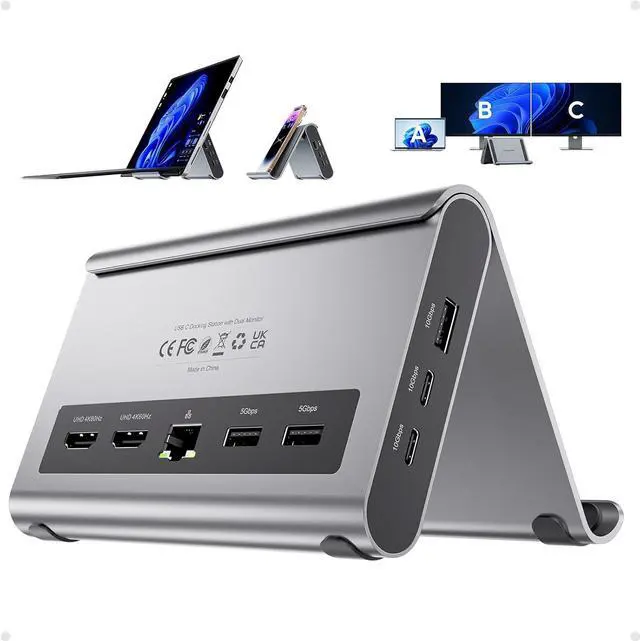 Main image of USB C Docking Station Dual Monitor, PULWTOP Laptop Dock for Windows, Laptop Docking Staion Stand with 2xHDMI 4K,3xUSB-C/A 10Gbps,2xUSB-A 5Gbps,RJ45,PD for Surface Pro11/10/9/8/Dell/HP/Lenovo/Asus/Acer